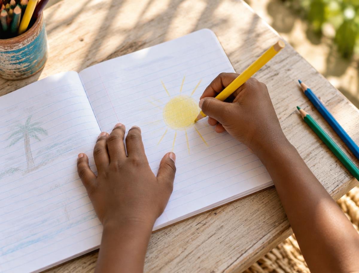A boy's hands drawing a sun in a notebook