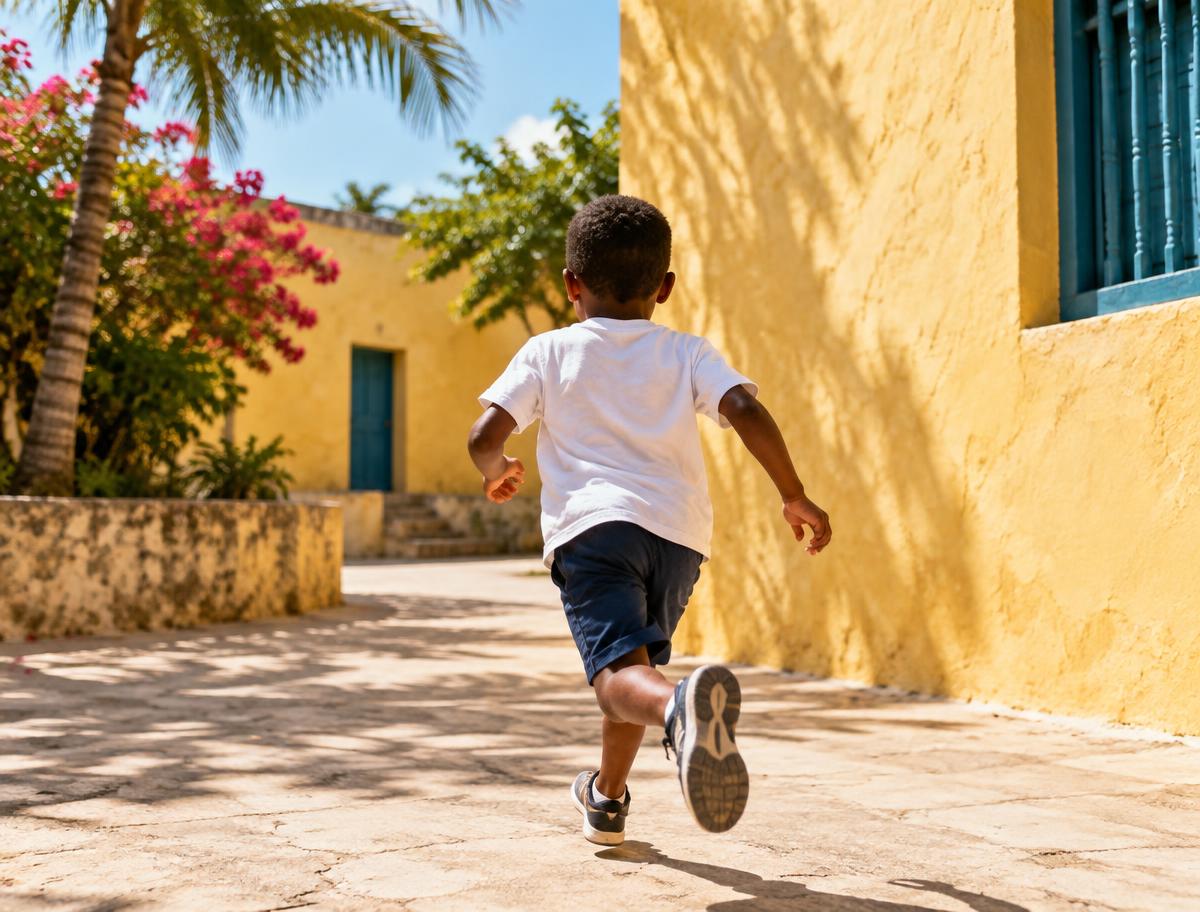 Boy playing in a sunlit courtyard, seen from behind