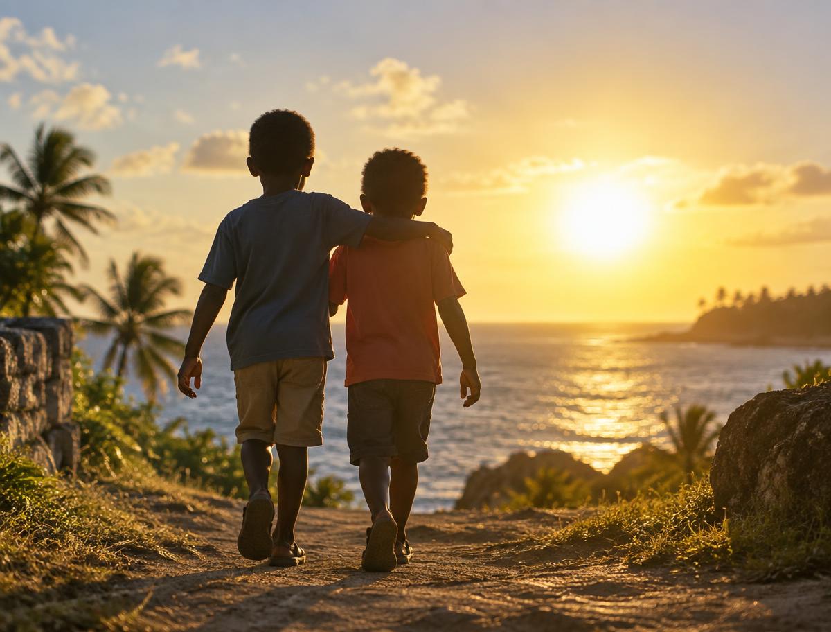 Two boys walking together toward the light, seen from behind